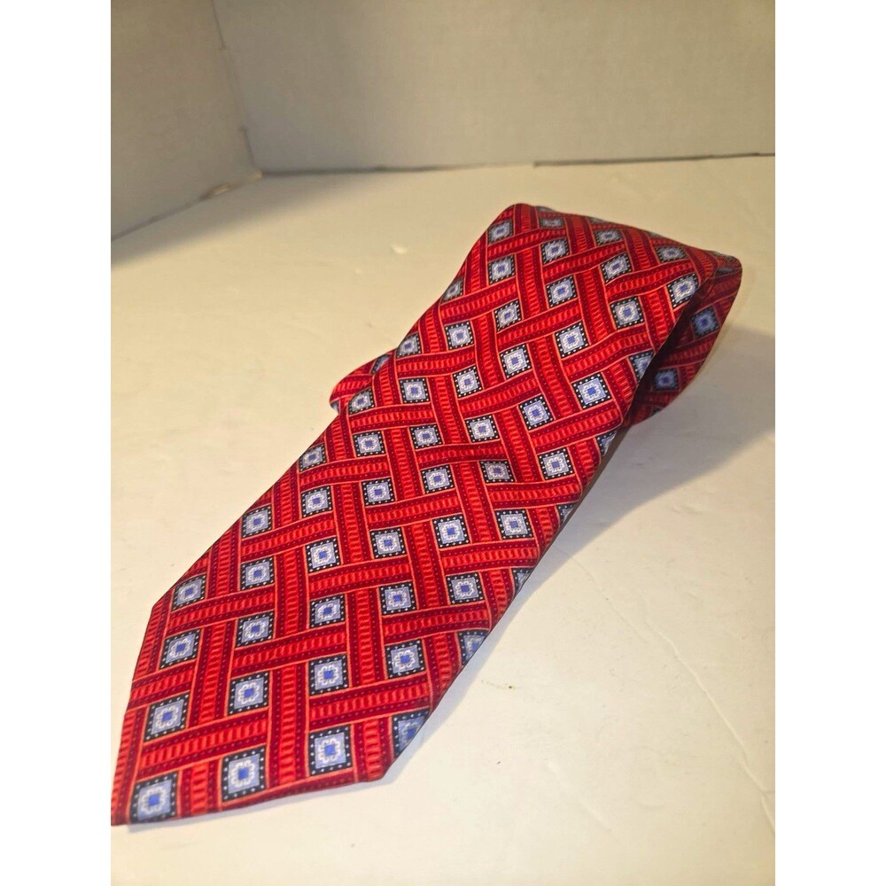 JZ Richards Men's Silk Tie Red Blue White Geometric Pointed Logo Accent